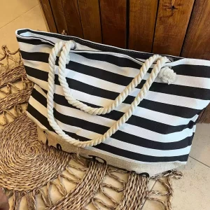 Bolso grande para playa estilo navy y arpillera con cierre y manijas de soga 54x37cm